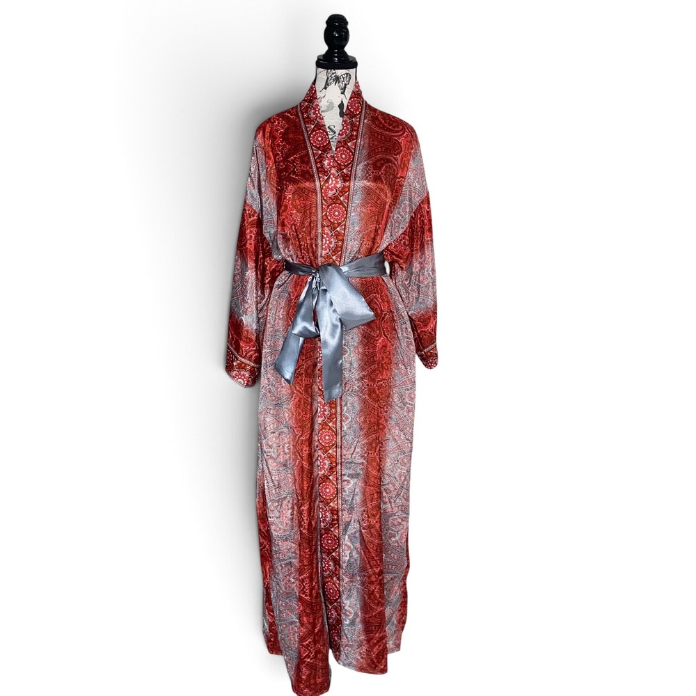 S.N. Moda Kimono Robe Womens OS Red Paisley Silk Blend Duster Boho Hippie NEW